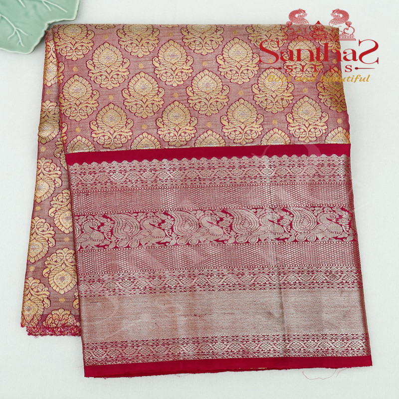 PINK COLOUR TISSUE BODY IN ZARI BUTTA WITH CONTRAST BLOUSE & BORDER