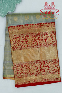 grey-colour-tissue-checked-body-in-zari-butta-with-contrast-blouse-border