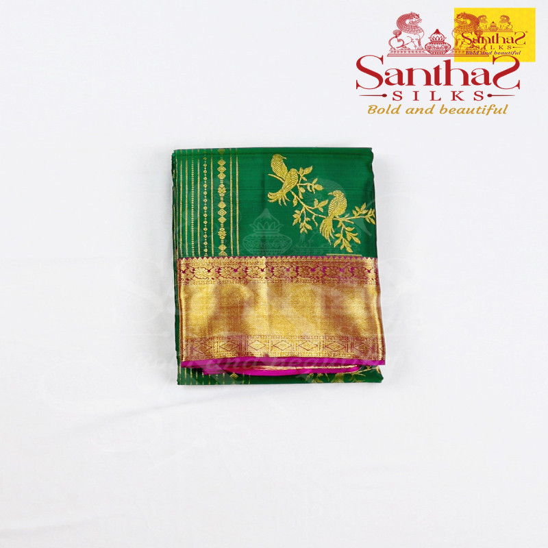 Bottle Green Pure Silk Contrast Magenta Border