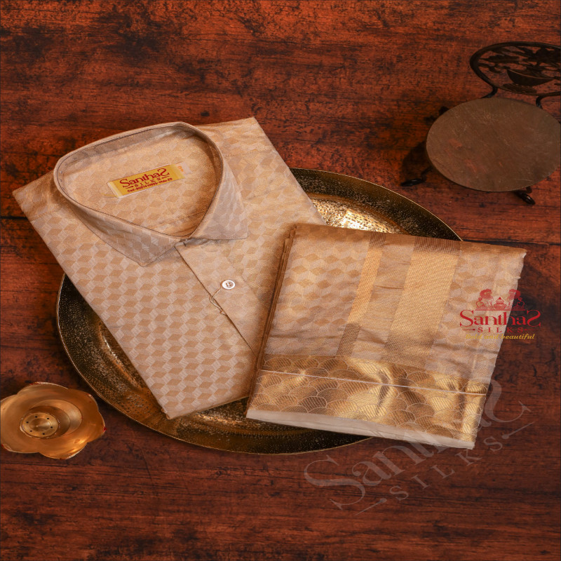 ROSE GOLD COLOUR SHIRT + DHOTIE + TOWEL & HANDKERCHIEF WITH PERFUME & BELT