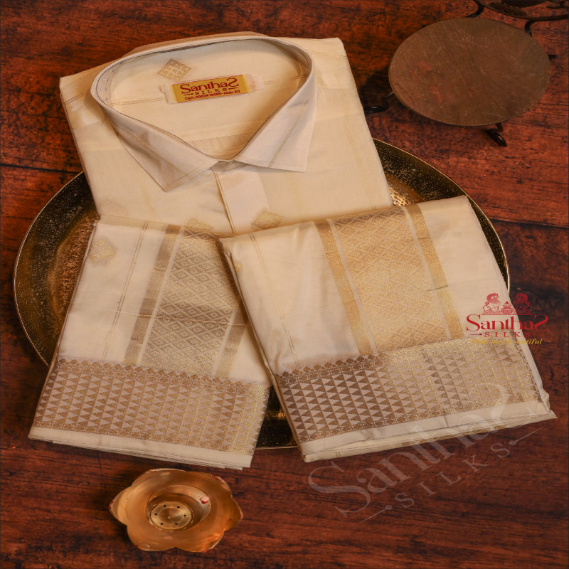 IVORY COLOUR SHIRT WITH 8 YARD DHOTI + TOWEL