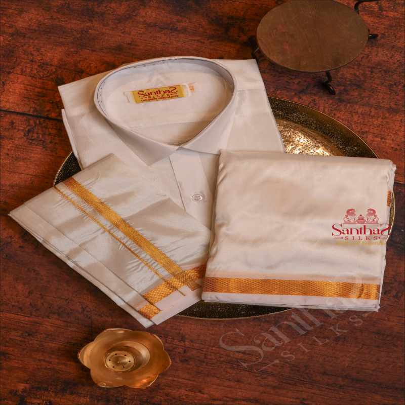 SANDAL COLOUR SHIRT + DHOTI + TOWEL & HANDKERCHIEF WITH PERFUME & BELT