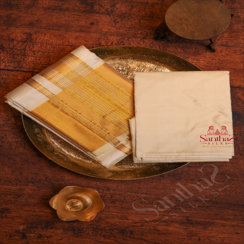 WHITE COLOUR PURE SILK FABRIC SHIRT + DHOTI & TOWEL