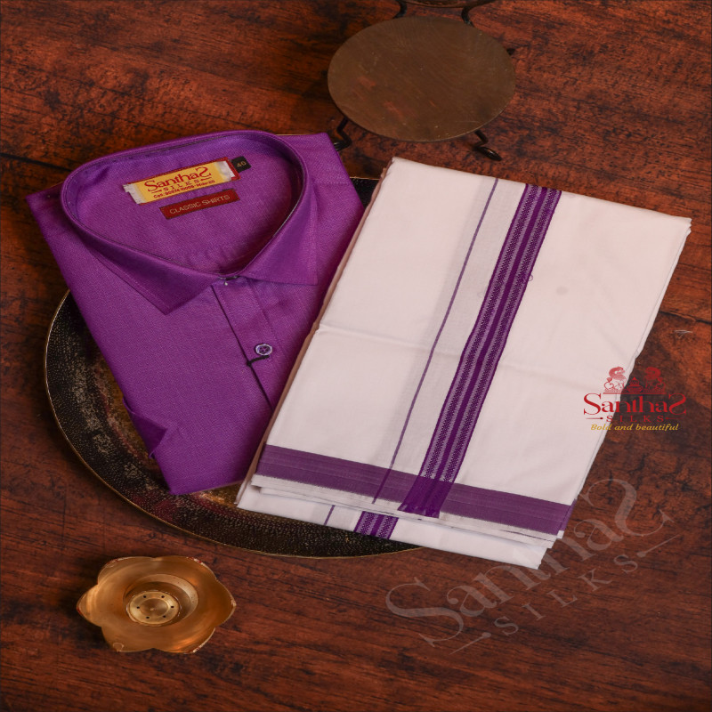 DARK PURPLE COLOUR COTTON SHIRT & 4 YARD DHOTI