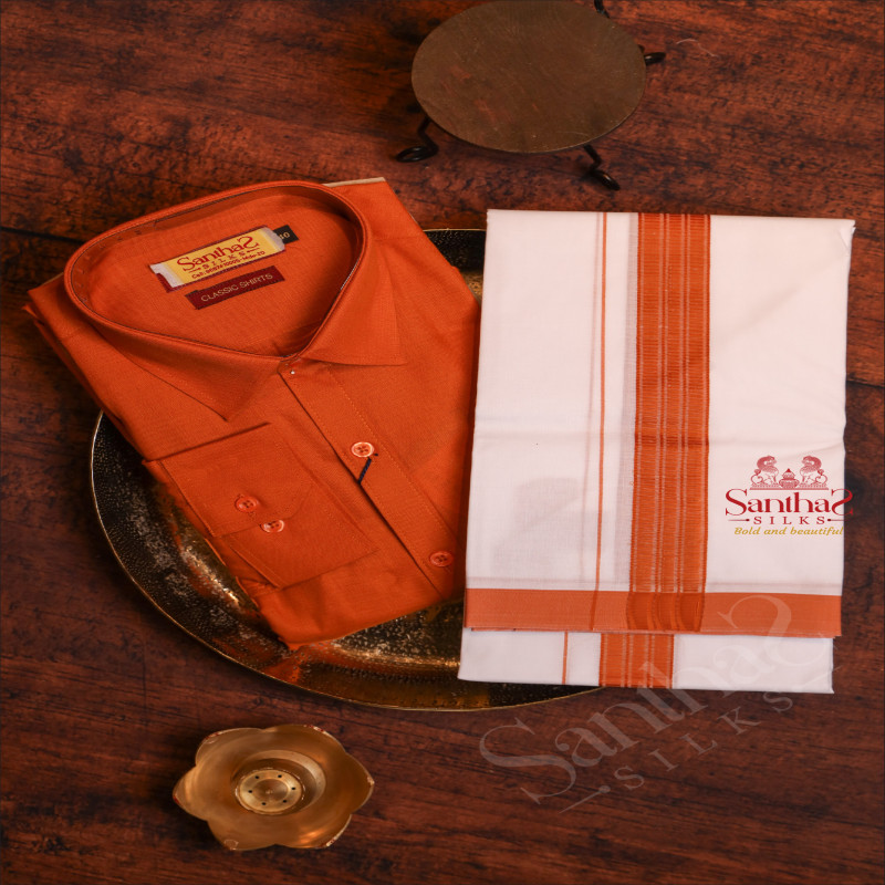 BURNT ORANGE COLOUR COTTON SHIRT WITH 4 YARD DHOTI