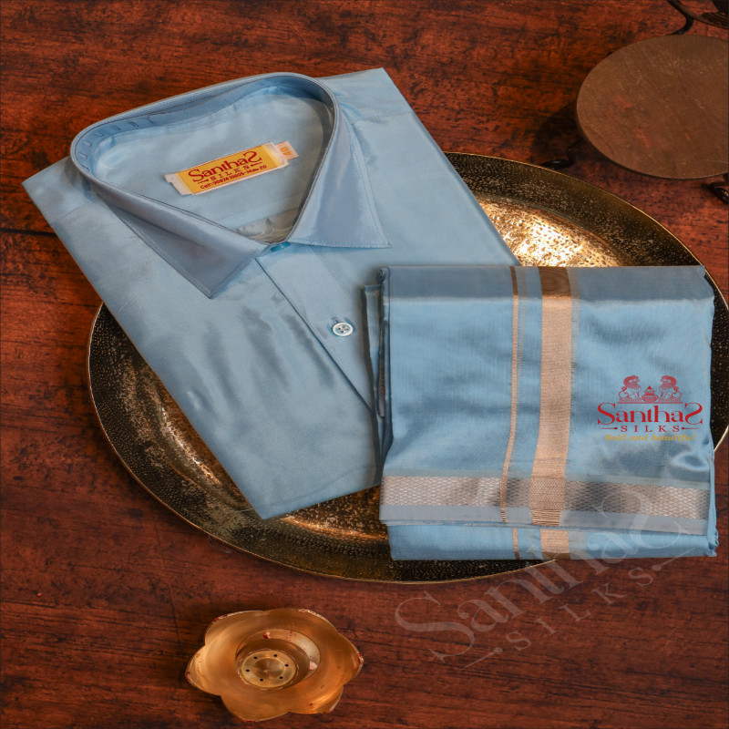 BABY BLUE COLOUR SHIRT WITH 4 YARD DHOTI