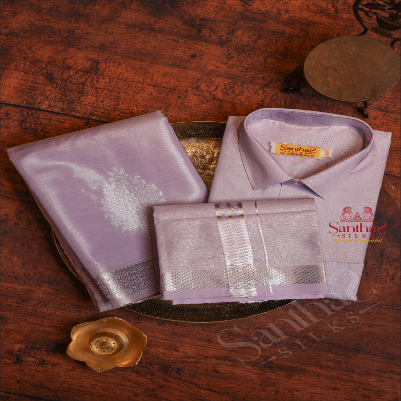 VIOLET COLOUR TISSUE SHIRT + 8 YARD DHOTI & SAREE