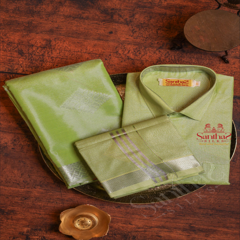 GREEN COLOUR TISSUE SHIRT + 8 YARD DHOTI & SAREE