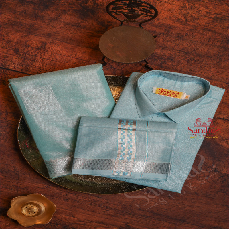 BLUE COLOUR TISSUE SAREE + 8 YARD DHOTI & SAREE