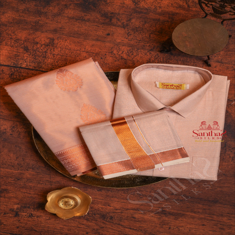 COPPER COLOUR TISSUE SHIRT + 8 YARD DHOTI & SAREE
