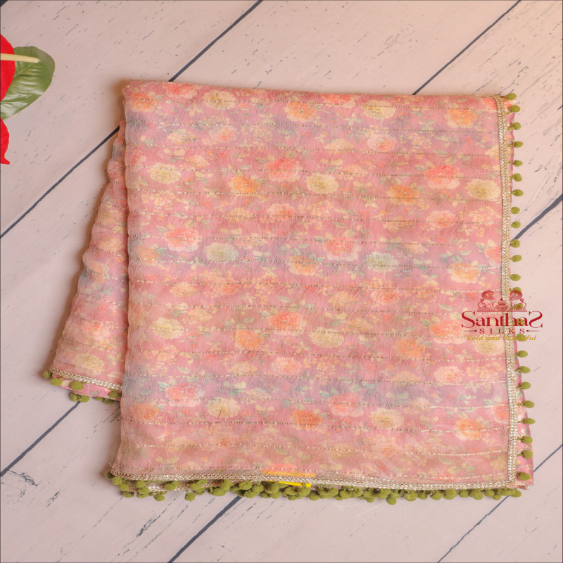 BABY PINK COLOUR FANCY WORK SAREE WITH STRIPS AND CONTRAST BLOUSE