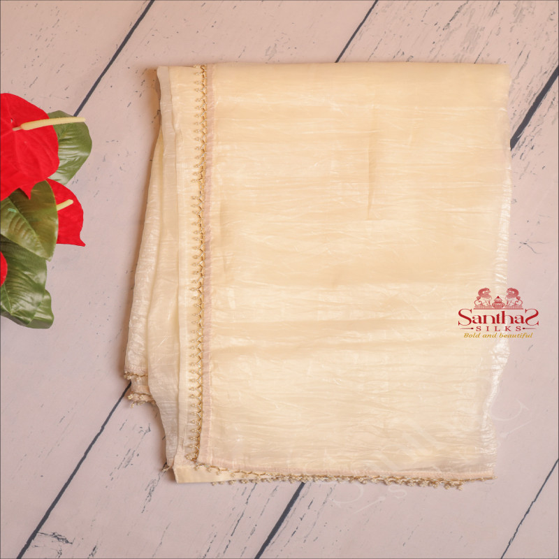 WHITE COLOUR FANCY CRUSH PATTERN SAREE WITH CONTRAST FLORAL PRINT BLOUSE