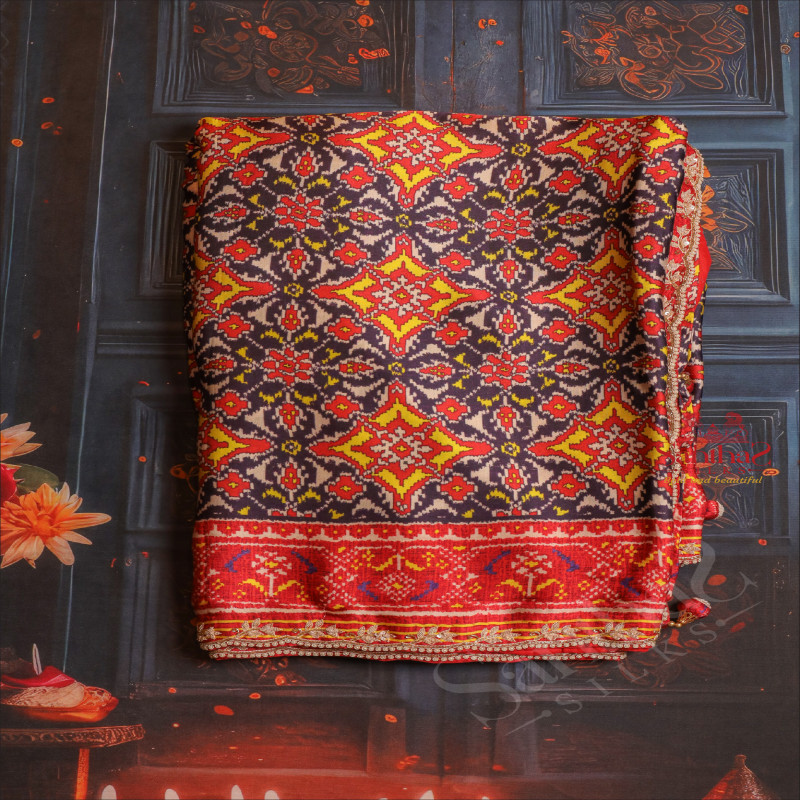 RED COLOUR IKKAT PRINT MODAL SAREE WITH FANCY WORK BLOUSE