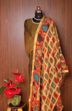 MEHENDI GREEN CHANDERI SILK SEMI - STITCH SUIT WITH KALAMKARI DUPATTA