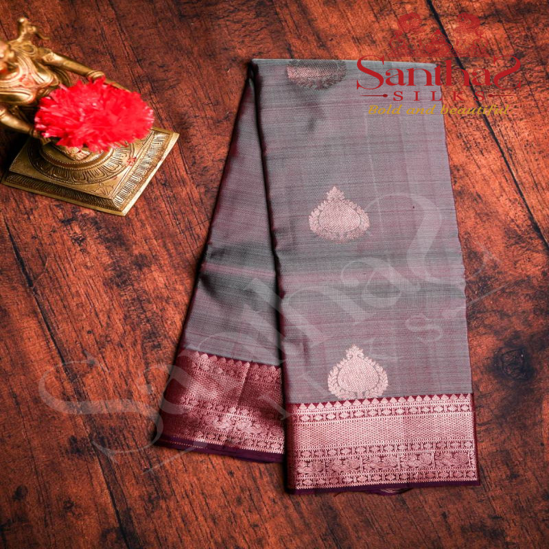 GREY COLOUR BODY IN COPPER ZARI BUTTA WITH CONTRAST BLOUSE & BORDER