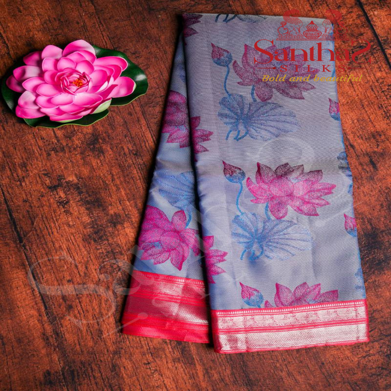 GREYISH BLUE BODY IN DIGITAL PRINT SILVER ZARI  WITH CONTRAST BLOUSE & BORDER