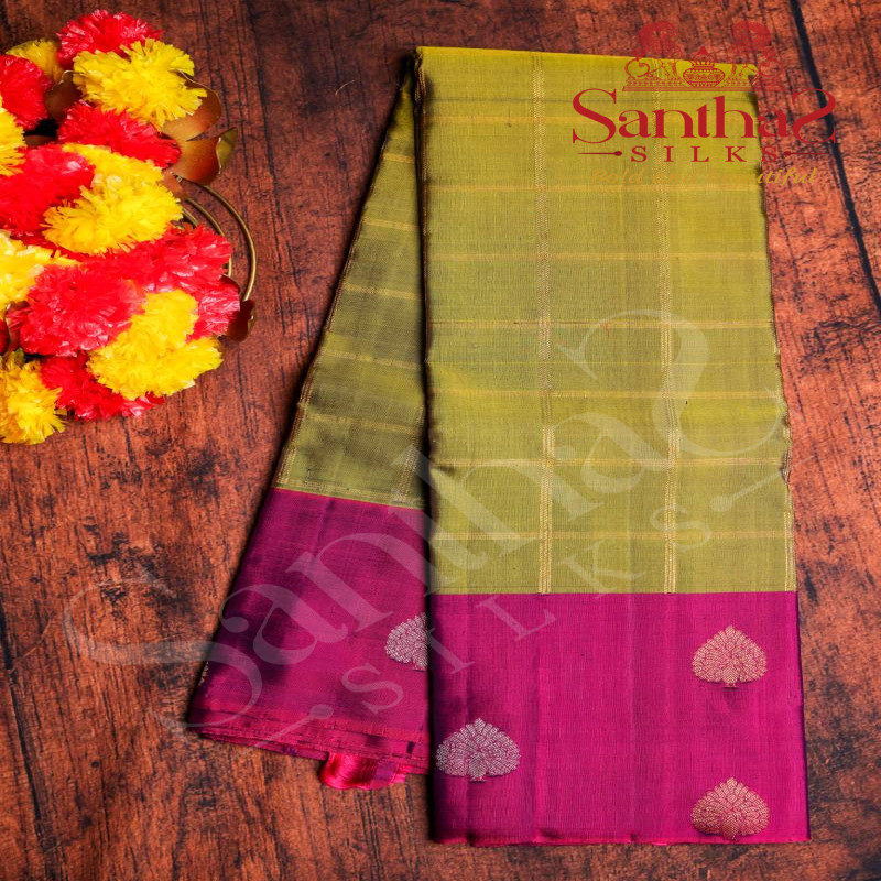 MEHANDHI GREEN COLOUR BODY CHESS BOX PATTERN WITH CONTRAST BLOUSE & BORDER