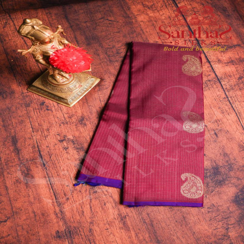 MAROON COLOUR BODY VAIRAOOSI CHECKS MANGO BIG BUTTA WITH CONTRAST BLOUSE & BORDER