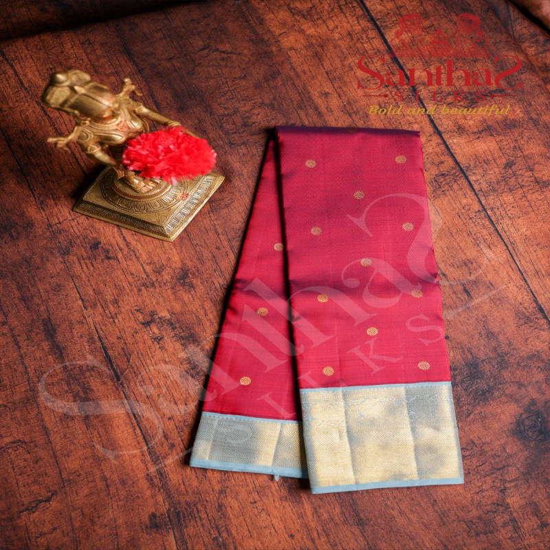 MAROON COLOUR BODY COIN GOLD ZARI BUTTA WITH CONTRAST BLOUSE & BORDER