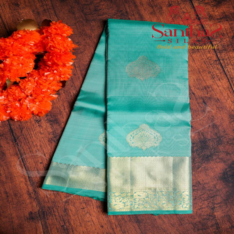 EMERALD GREEN COLOUR BODY BIG BUTTA GOLD ZARI BORDER WITH SELF BLOUSE