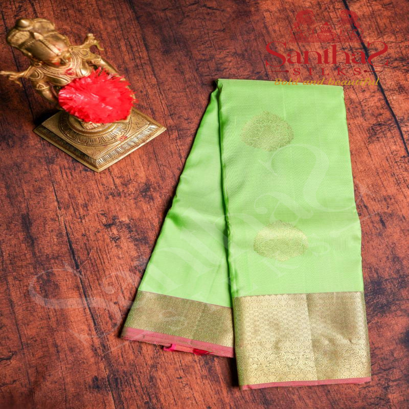 GREEN LIZARD COLOUR BODY GOLDEN ZARI LEAF BIG BUTTA WITH CONTRAST BLOUSE & BORDER