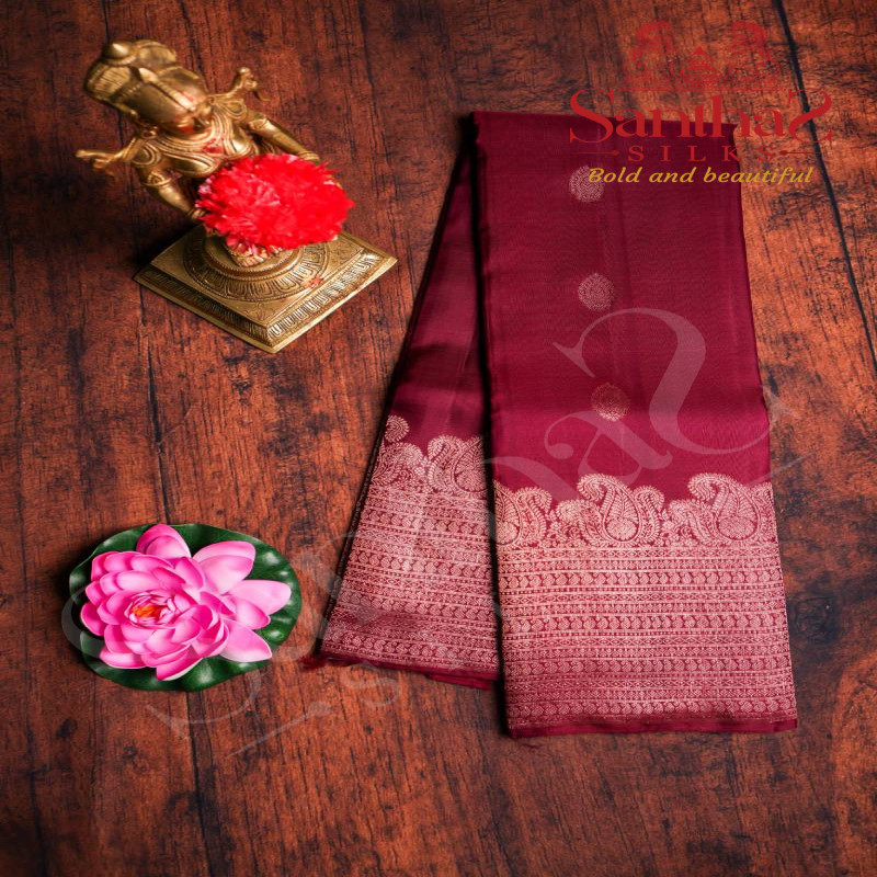 BETEL NUT COLOUR BODY COPPER ZARI BUTTA SELF BORDER WITH CONTRAST BLOUSE