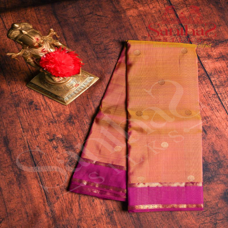 MUSTARD SHADE COLOUR BODY GOLDEN ZARI BUTTA WITH CONTRAST BLOUSE & BORDER