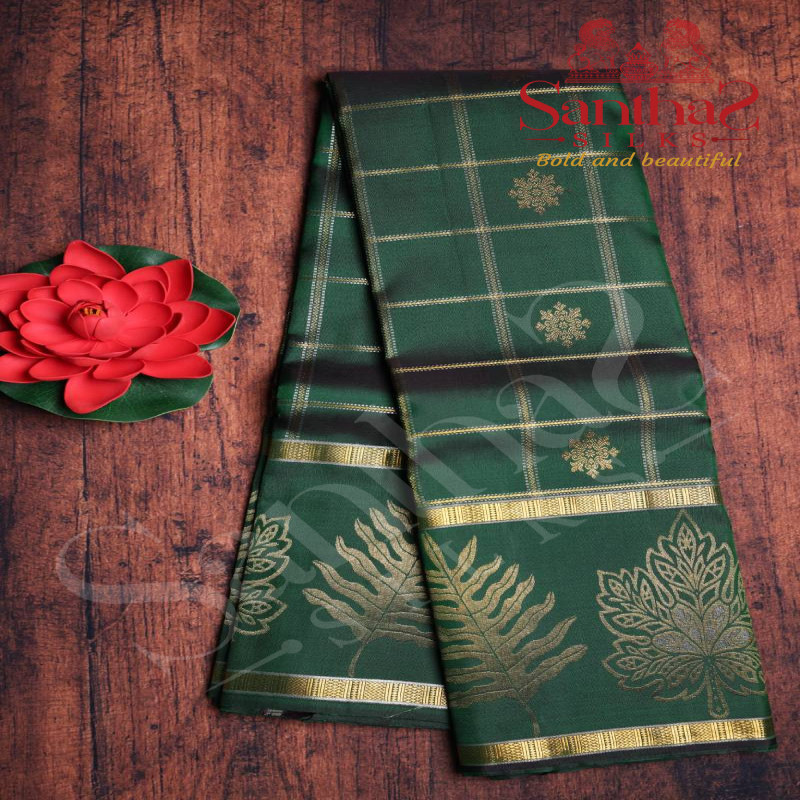 DARK GREEN COLOUR CHECKED BODY WITH SELF BLOUSE & BORDER