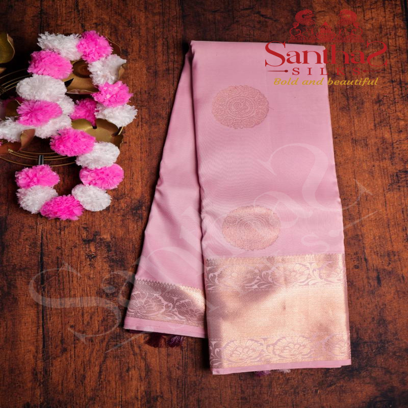 ROSE MILK COLOUR BODY IN COPPER ZARI BUTTA WITH CONTRAST BLOUSE