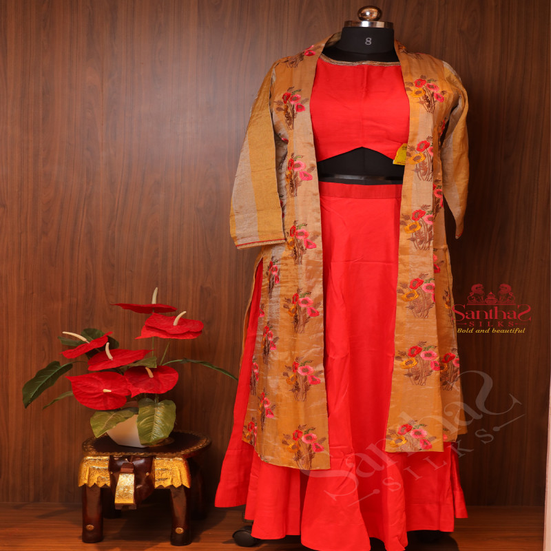 PURE CHANDERI SKIRT SET WITH PURE TISSUE OVERCOAT