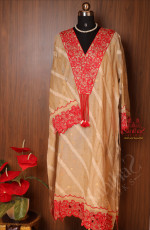 SANDAL BEIGE CHANDERI SEMI - STITCHED SUIT WITH EMBROIDERED YOKE