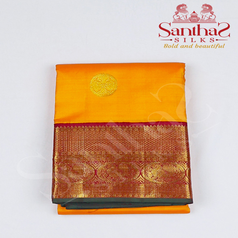 Mango Yellow Pure Silk Saree with Red and Green Border