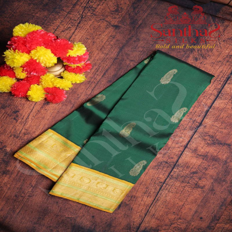 DARK GREEN COLOUR BODY GOLDEN MANGO ZARI BUTTA WITH CONTRAST BLOUSE & BORDER