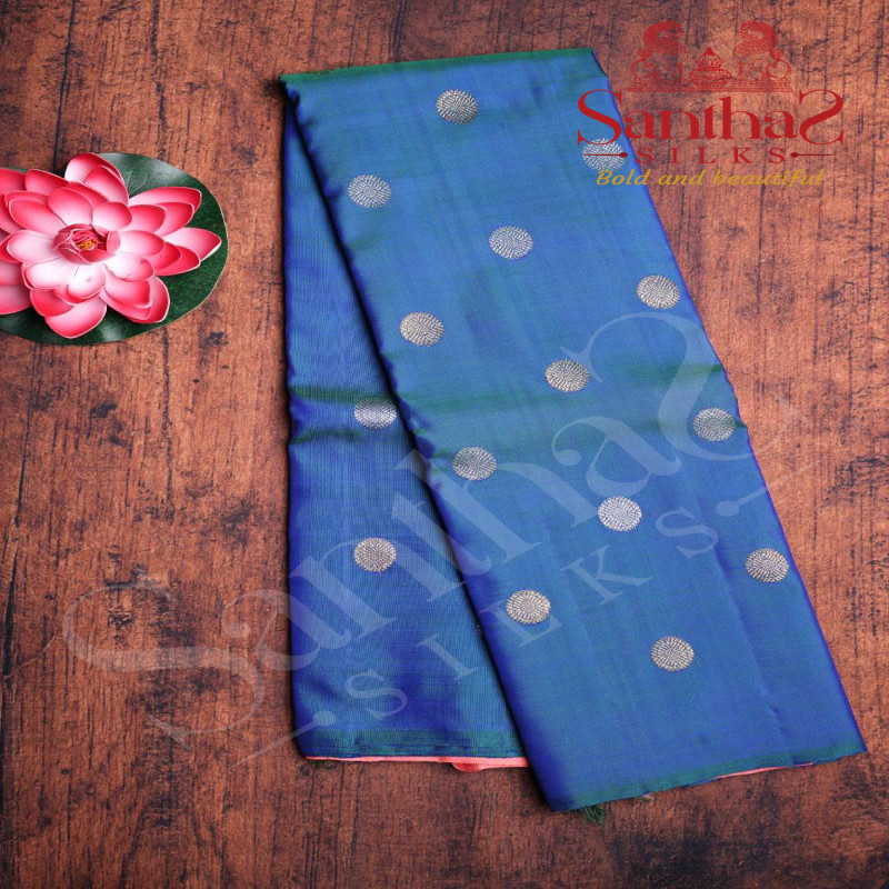 TEAL BLUE COLOUR BODY COIN ZARI BUTTA WITH CONTRAST BLOUSE