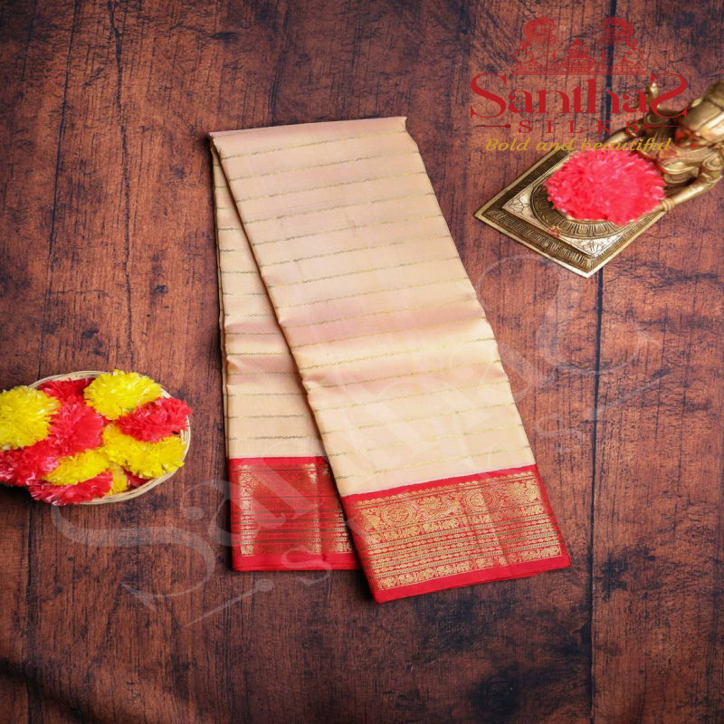 SANDAL COLOUR BODY VELTHARI STRIPS WITH CONTRAST BLOUSE & BORDER