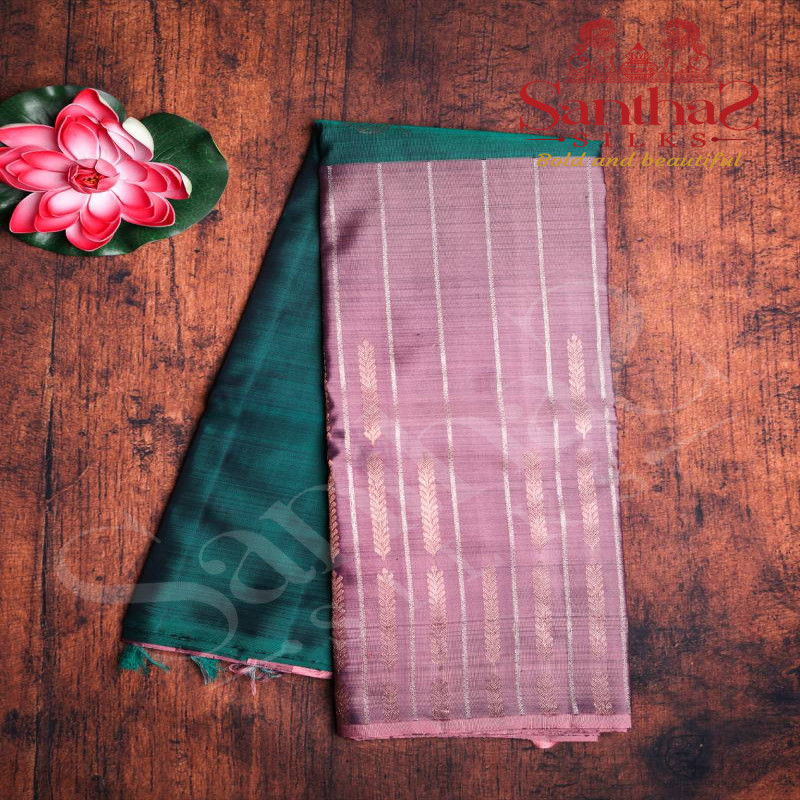 GREEN COLOUR BODY SILVER & COPPER ZARI BUTTA HALF & HALF WITH CONTRAST BLOUSE