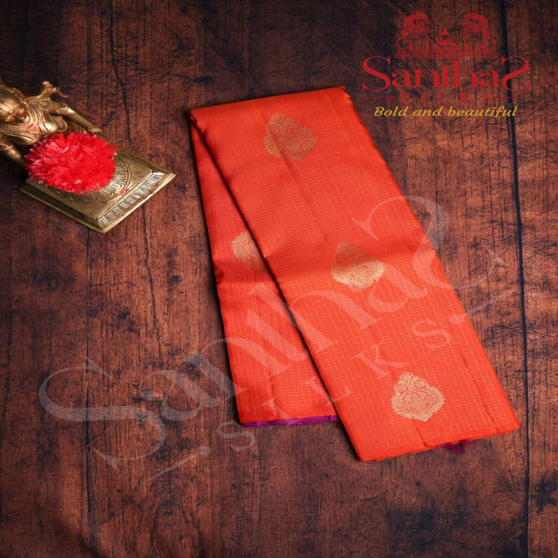 ORANGE COLOUR BODY VAIRAOOSI CHECKS PATTERN GOLDEN ZARI BUTTA WITH CONTRAST BLOUSE