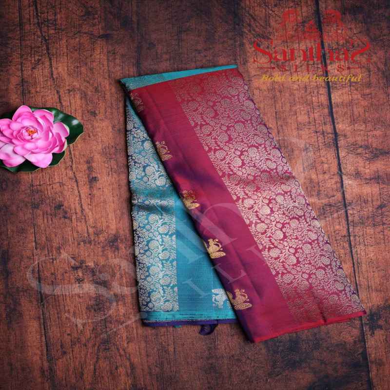 PEACOCK BLUE COLOUR BODY HALF & HALF WITH CONTRAST BLOUSE