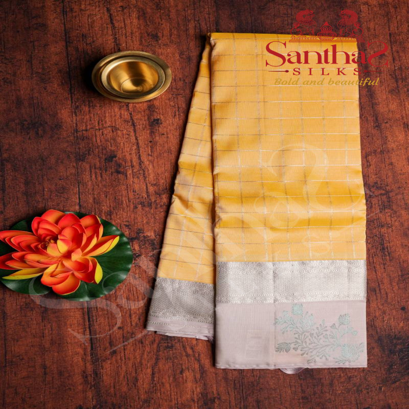 YELLOW COLOUR BODY CHECKS PATTERN WITH CONTRAST BLOUSE & BORDER