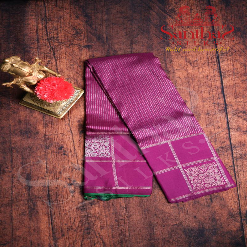 MAGENTA PURPLE COLOUR BODY COPPER & SILVER ZARI BORDER WITH CONTRAST BLOUSE & BORDER