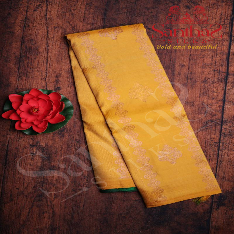 YELLOW COLOUR BODY IN COPPER ZARI BUTTA WITH CONTRAST BLOUSE & BORDER