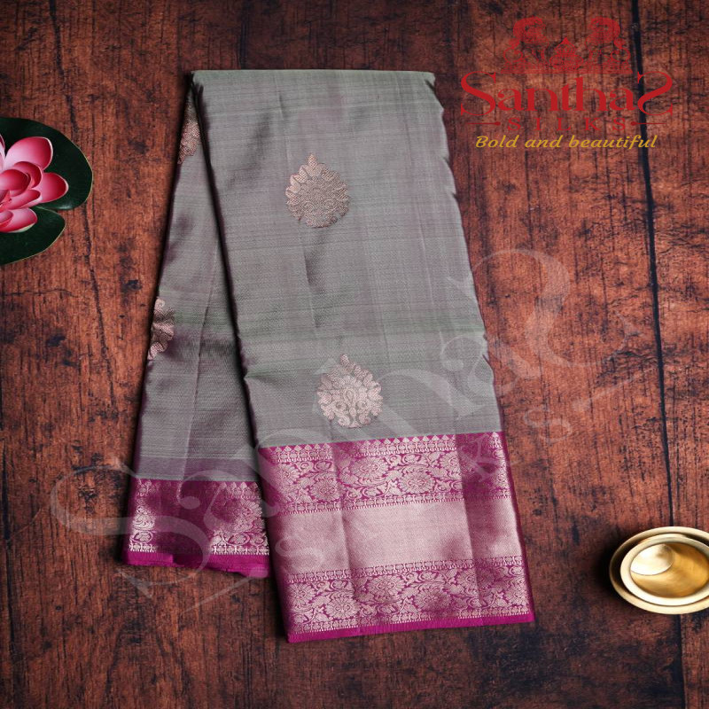 GREY WITH MAROON SHADE COPPER ZARI BUTTA WITH CONTRAST BLOUSE