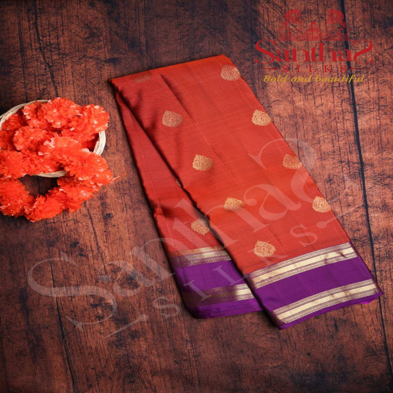 GINGER ORANGE COLOUR BODY GOLDEN ZARI BUTTA WITH CONTRAST BLOUSE & BORDER