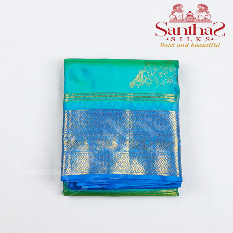 Green Double Shade Pure Silk Saree with Blue Border