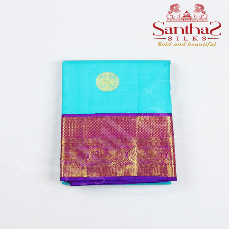 Blue Pure Silk Saree with Magenta Border