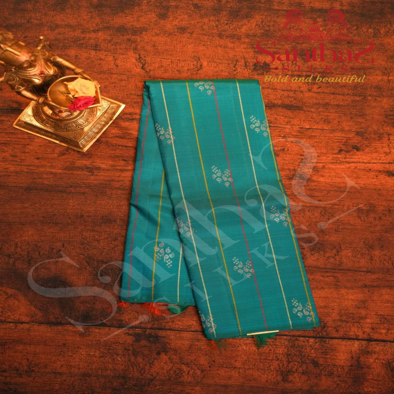 TEAL BLUE COLOUR BODY STRIPS FLORAL BUTTA WITH CONTRAST BLOUSE