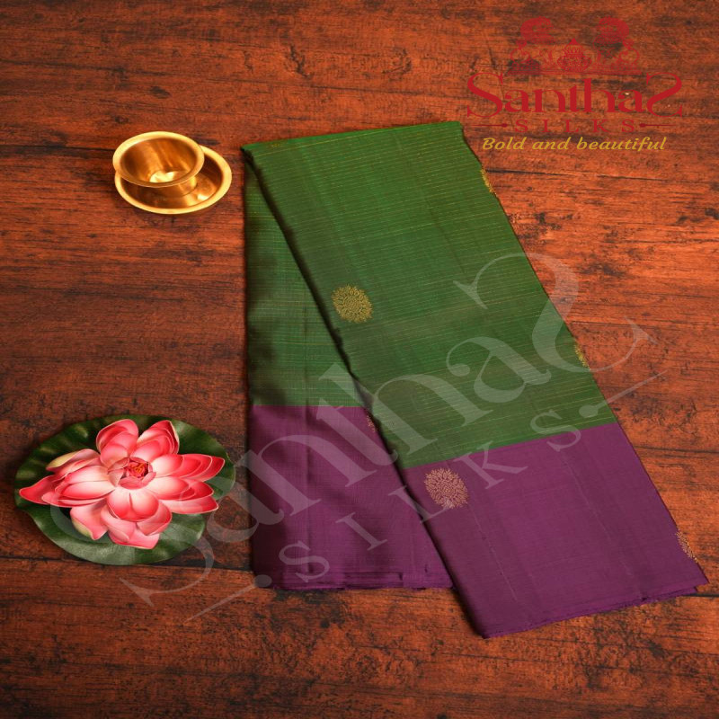 BOTTLE GREEN COLOUR BODY STRIPS GOLDEN ZARI BUTTA WITH CONTRAST BLOUSE & BORDER