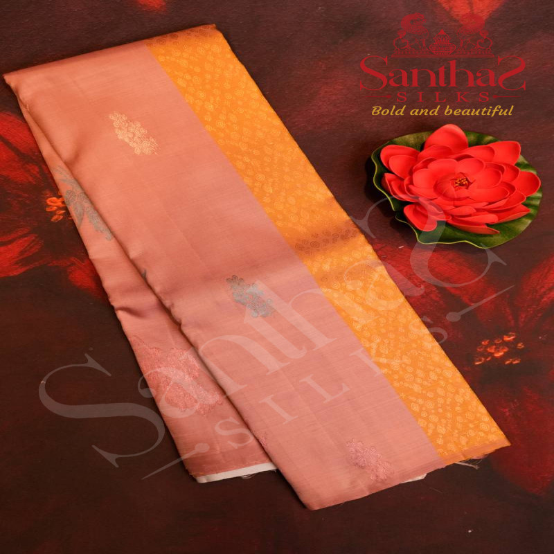 BORDERLESS PASTEL PEACH COLOUR BODY WITH MOTIFS AND GREY COLOUR CONTRAST BLOUSE