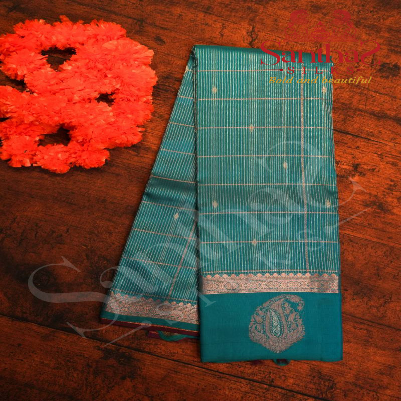 OLYMPIC BLUE COLOUR BODY SILVER STRIPS WITH COPPER MANGO ZARI MOTIFS AND CONTRAST BLOUSE