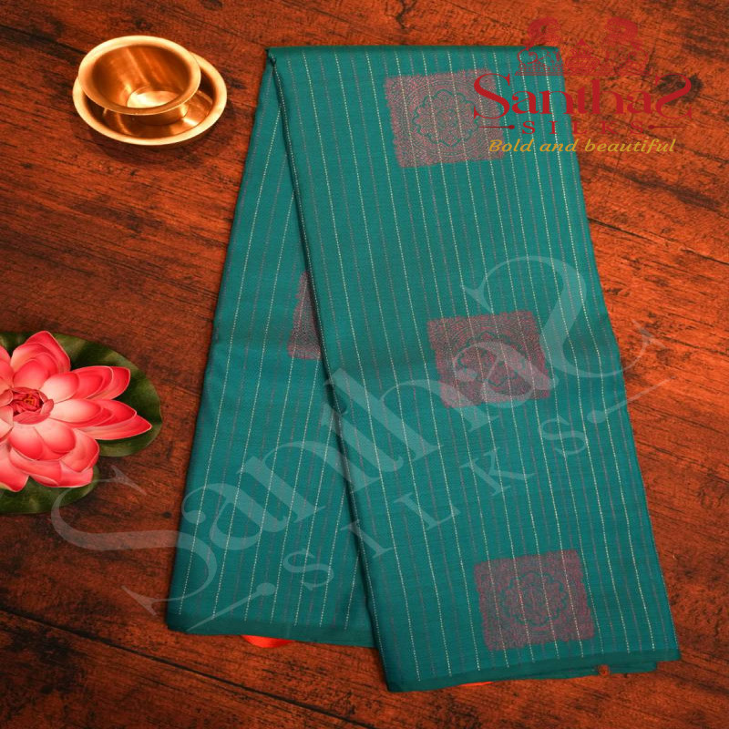 BORDERLESS BLUE COLOUR BODY STRIPS FLORAL PATTERN ZARI MOTIF WITH CONTRAST BLOUSE